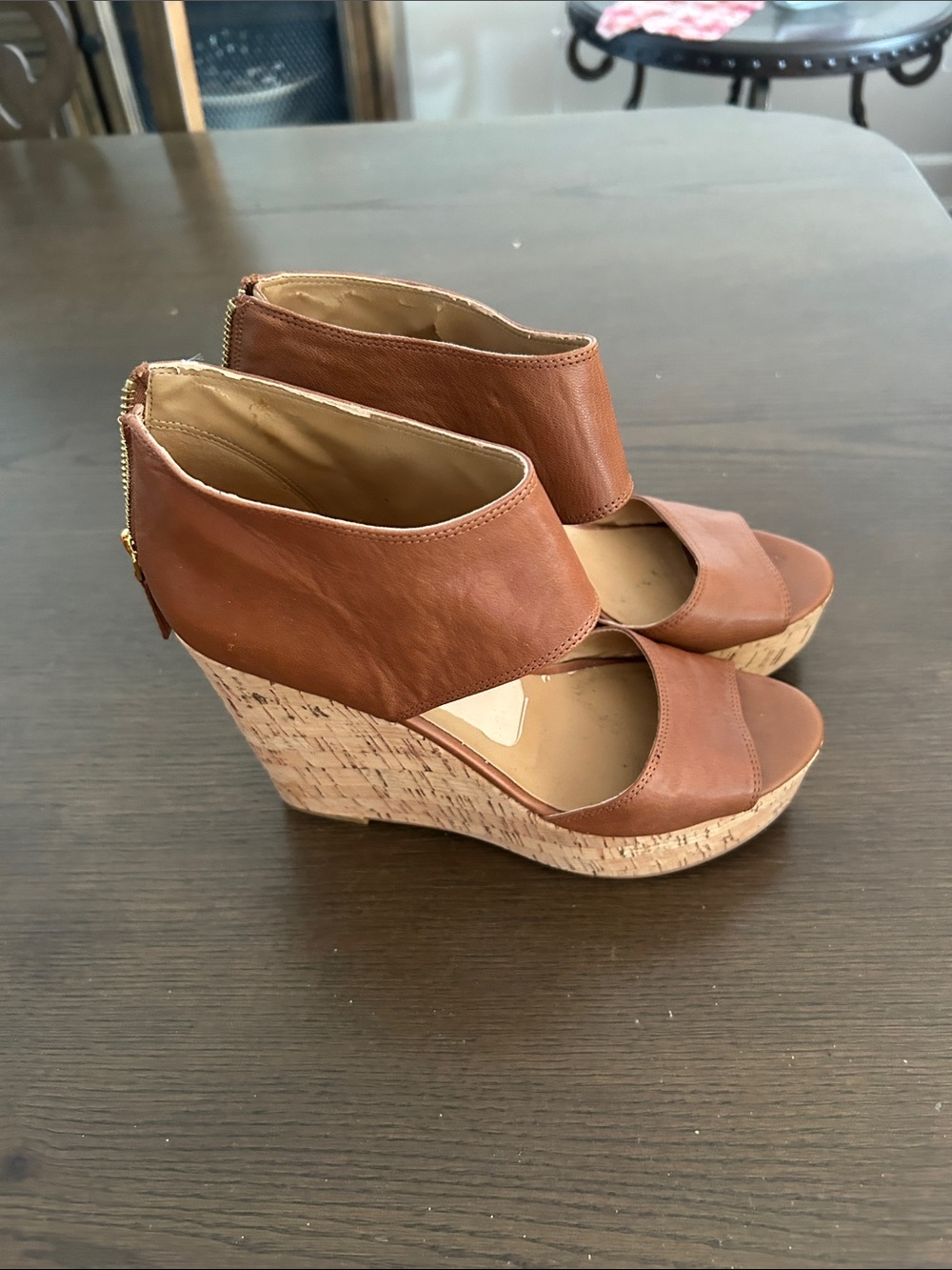 Nine West Tan Brown Cork Wedge Sandals with Back Zip